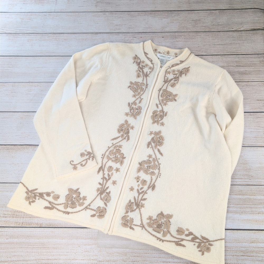 Coldwater Creek Cream 100% Lambswool Floral Embroidered Fall full Zip  Sweater L